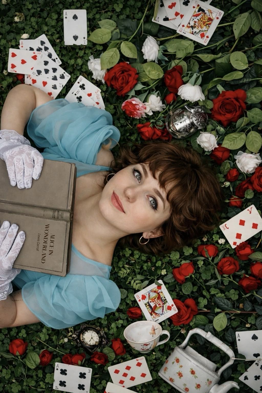 Woman in blue dress as Alice in Wonderland, lying among roses, playing cards, and props holding a storybook.