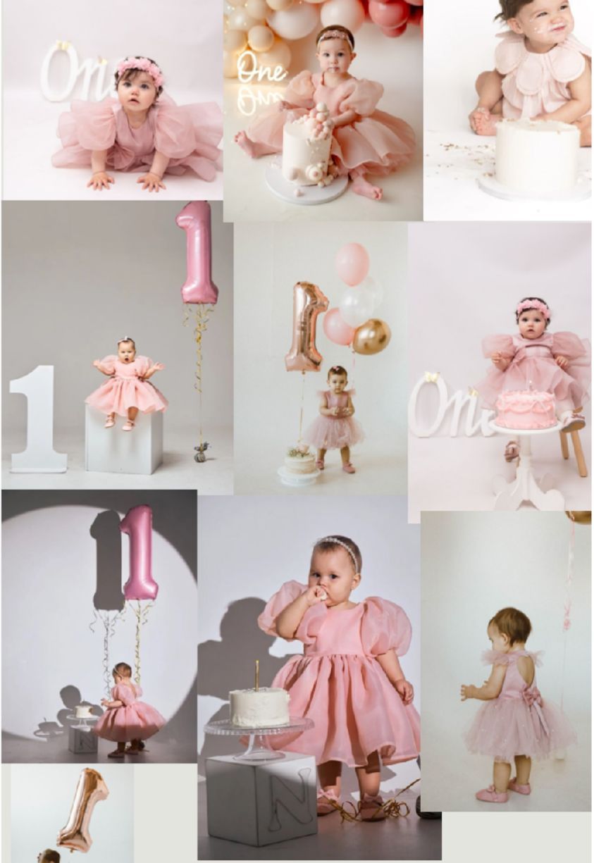 Collection of first birthday photo session images featuring pink dresses, balloons, and studio props.