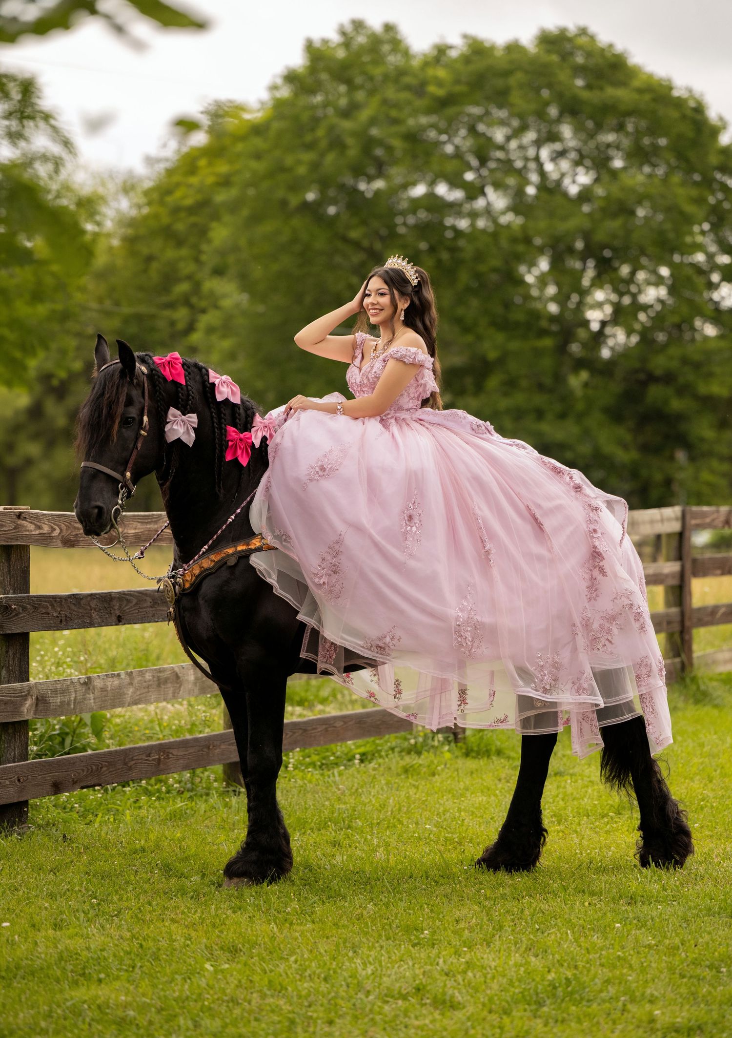 Young woman in pink ball gown and tiara riding a black horse with pink bows at a farm.