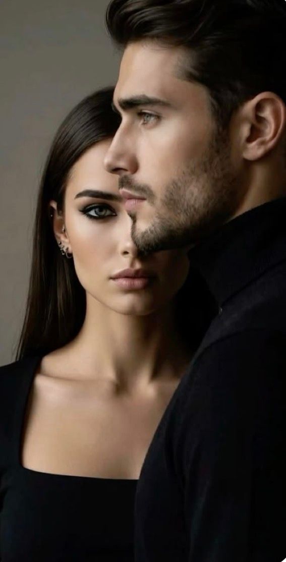 A stylish young couple in black clothing pose closely together, their faces aligned in a dramatic split portrait.