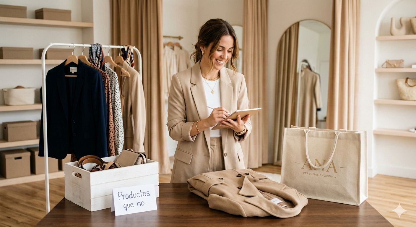 Smiling boutique owner using tablet for inventory management in stylish clothing store with rack and shopping bags.