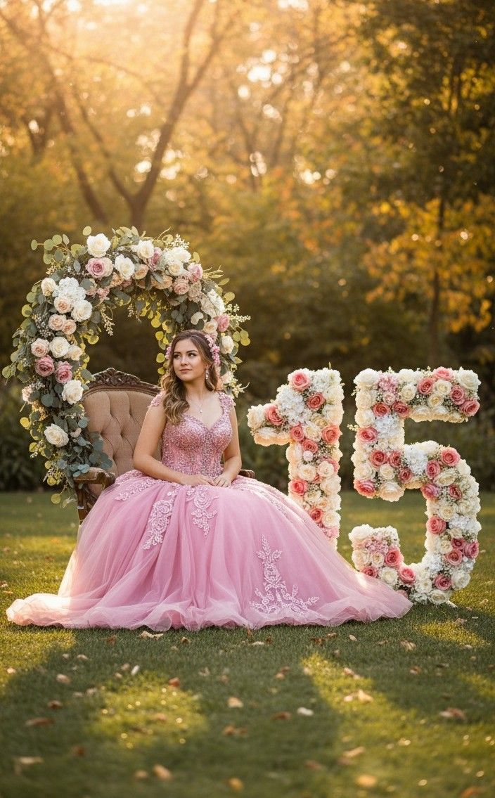 A young woman in a pink ball gown sits outdoors beside floral number 15 decorations for a quinceañera celebration.