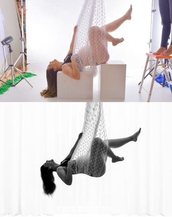 Series of monochromatic images showing legs and feet climbing a ladder in high heels.