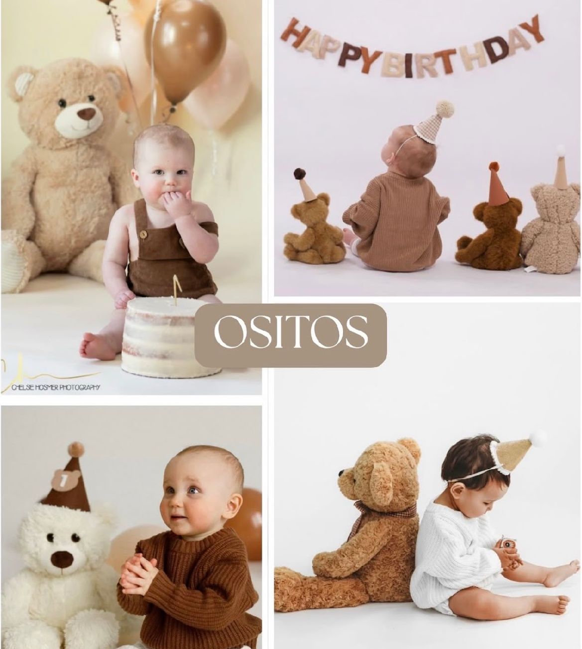 Collection of teddy bear themed baby photos with brown and beige color palette showing plush toys and decorations.