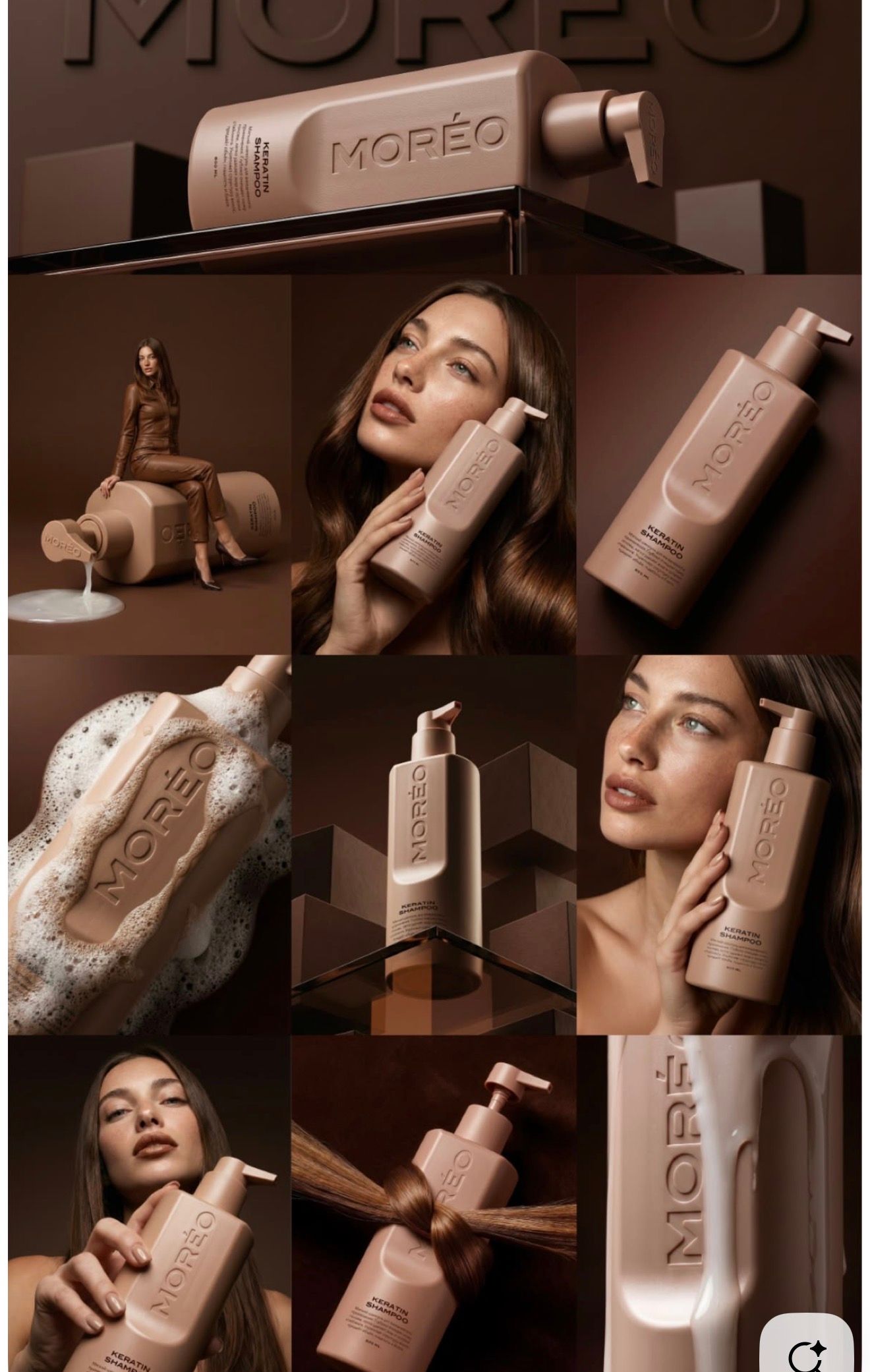MORÉO luxury hair care product line displayed with model showcasing pump bottles in elegant brown tones.
