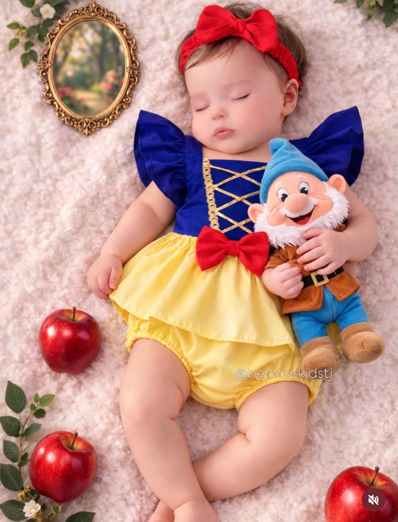 Baby girl in Snow White costume romper sleeping with dwarf plush toy, surrounded by red apples.