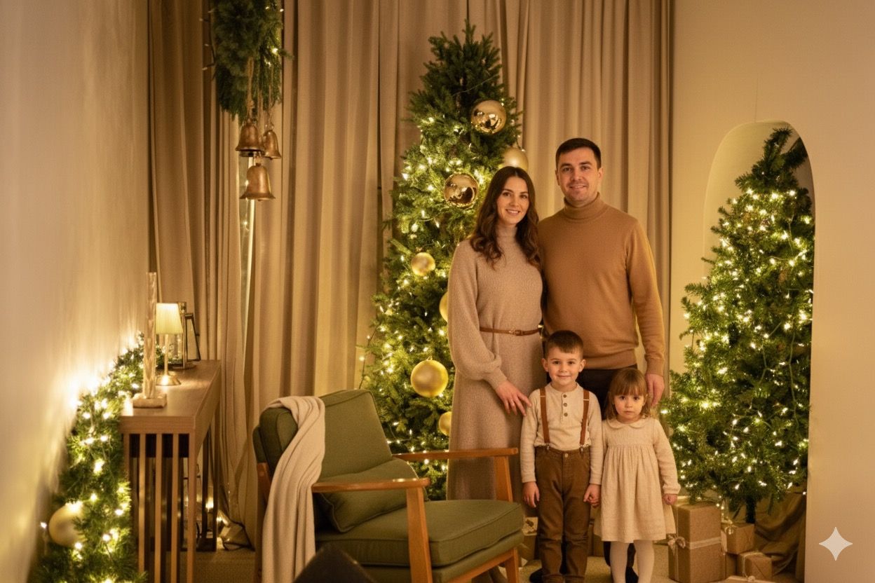 A series of festive holiday photos showing a family posing in front of decorated Christmas trees in matching beige outfits.