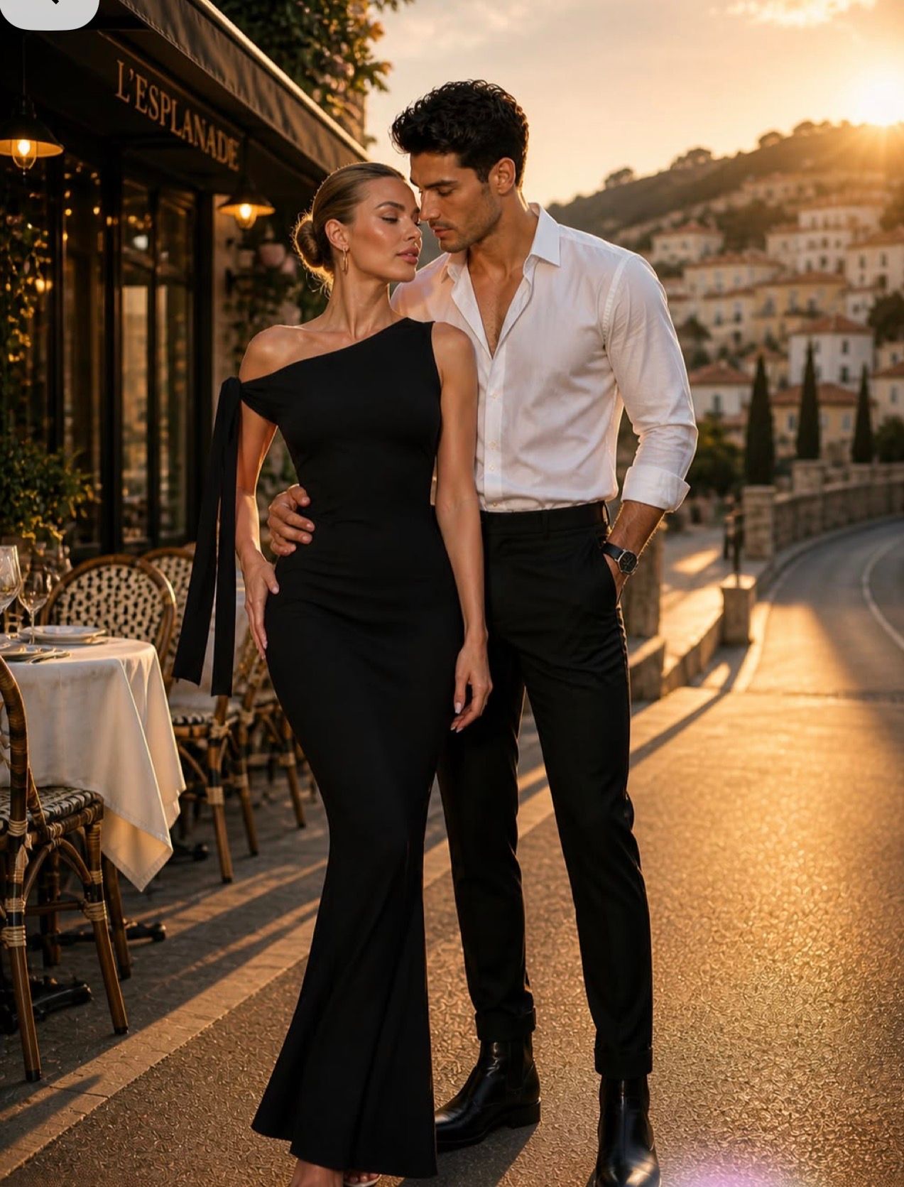 Couple in elegant black outfits pose at golden hour outside L'Esplanade restaurant on scenic hillside street.