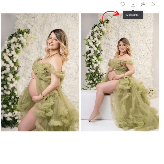 Pregnant woman in elegant olive green tulle maternity gown posing in front of white floral wall backdrop.