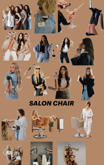 Mood board collage featuring salon and beauty lifestyle images on a warm brown background with text 'SALON CHAIR'.