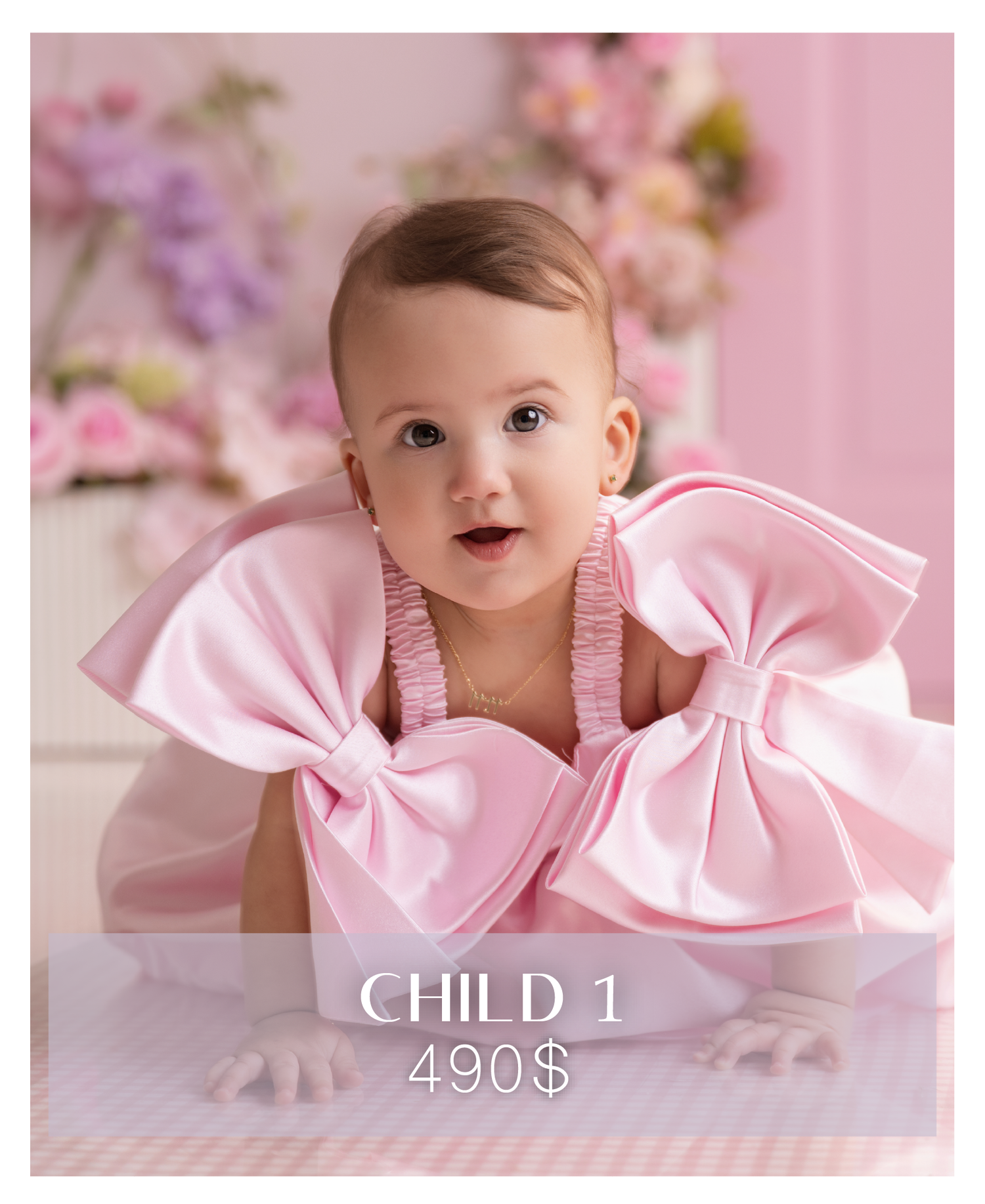 Adorable baby in a pink bow dress posing for a child photography session priced at $490.