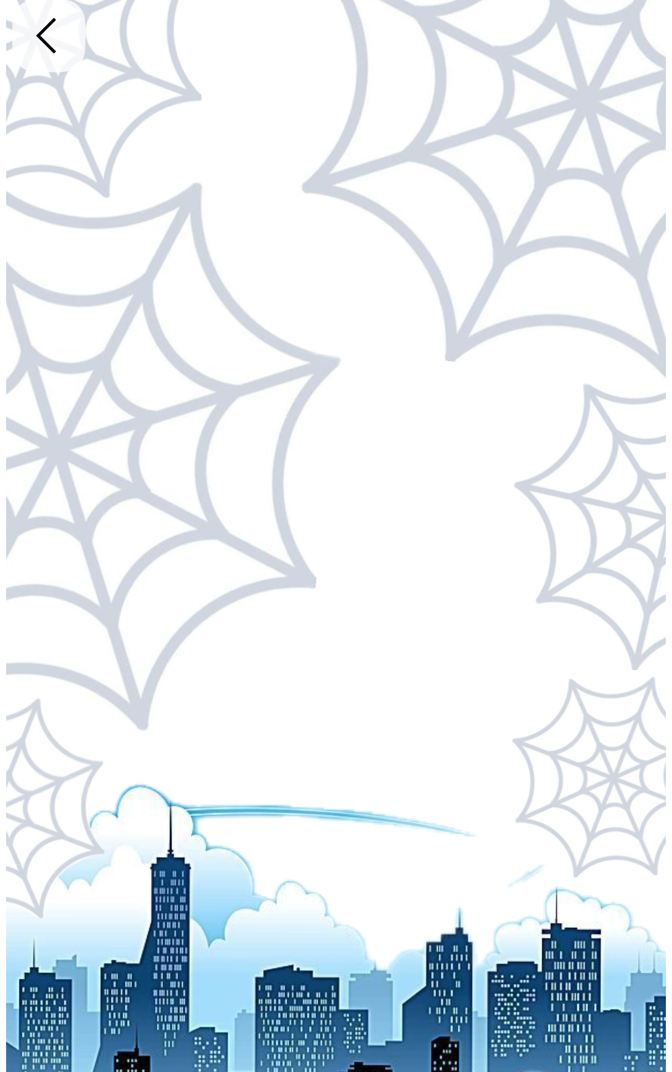 Spooky Halloween cityscape with large gray spider webs over a blue city skyline background.