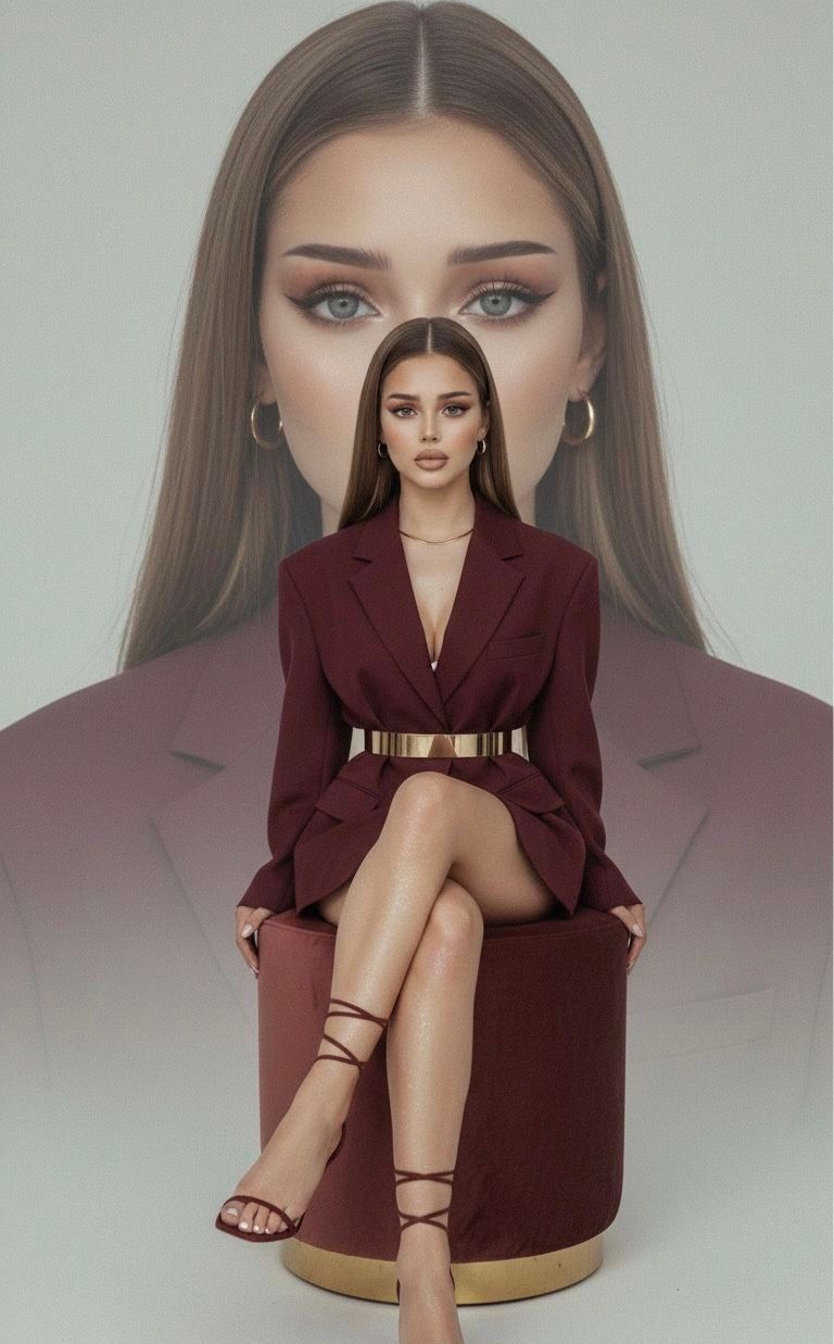 A stylish woman in a burgundy blazer dress with gold belt sits elegantly, with a large portrait backdrop behind her.