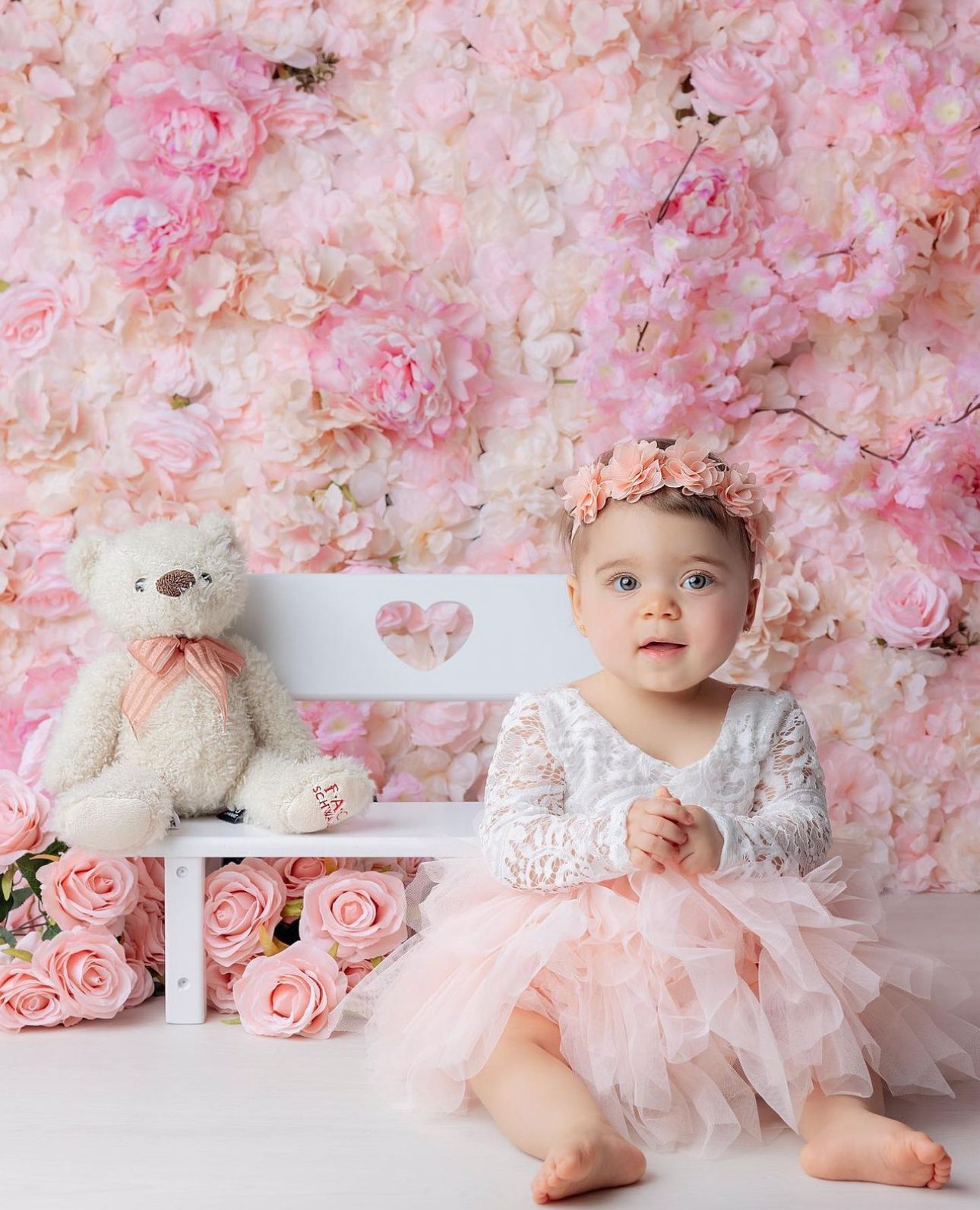 Sweet baby photo session with pink floral backdrop, tulle dress and soft plush toys creating a dreamy nursery setting.