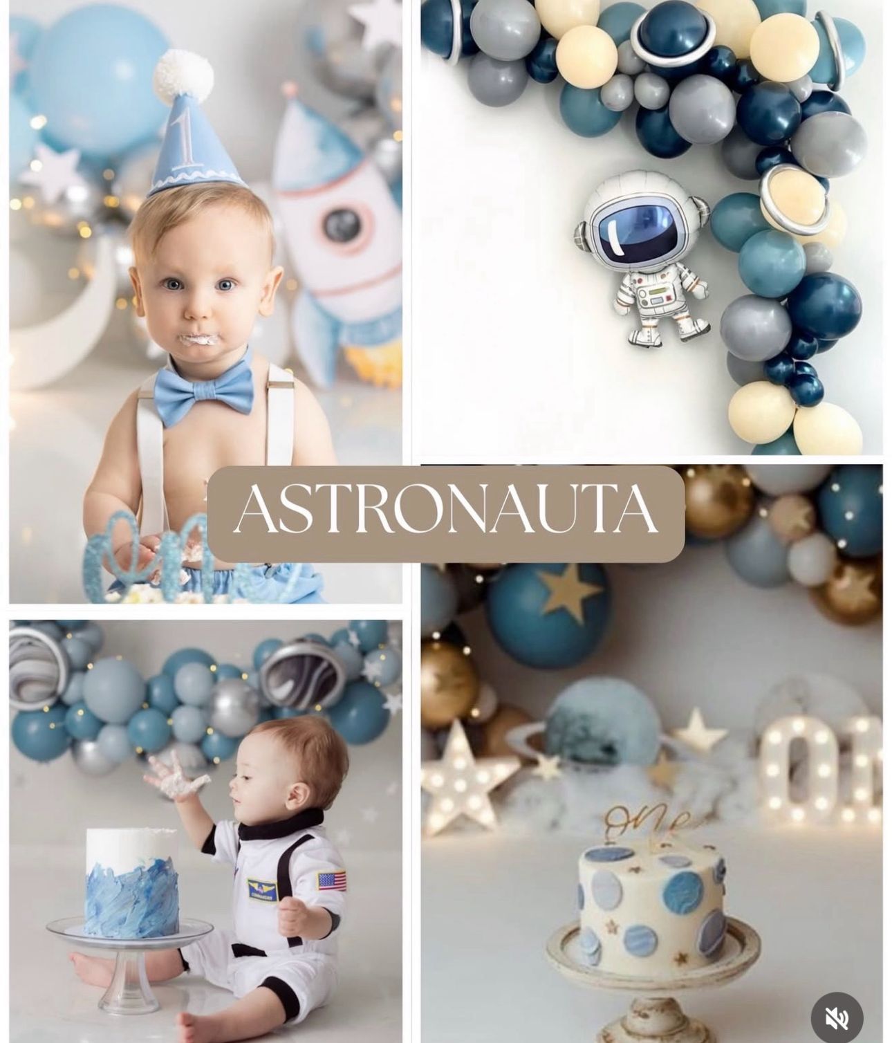 Space-themed birthday party decor featuring blue and beige balloon garland, astronaut decorations and a polka dot cake.