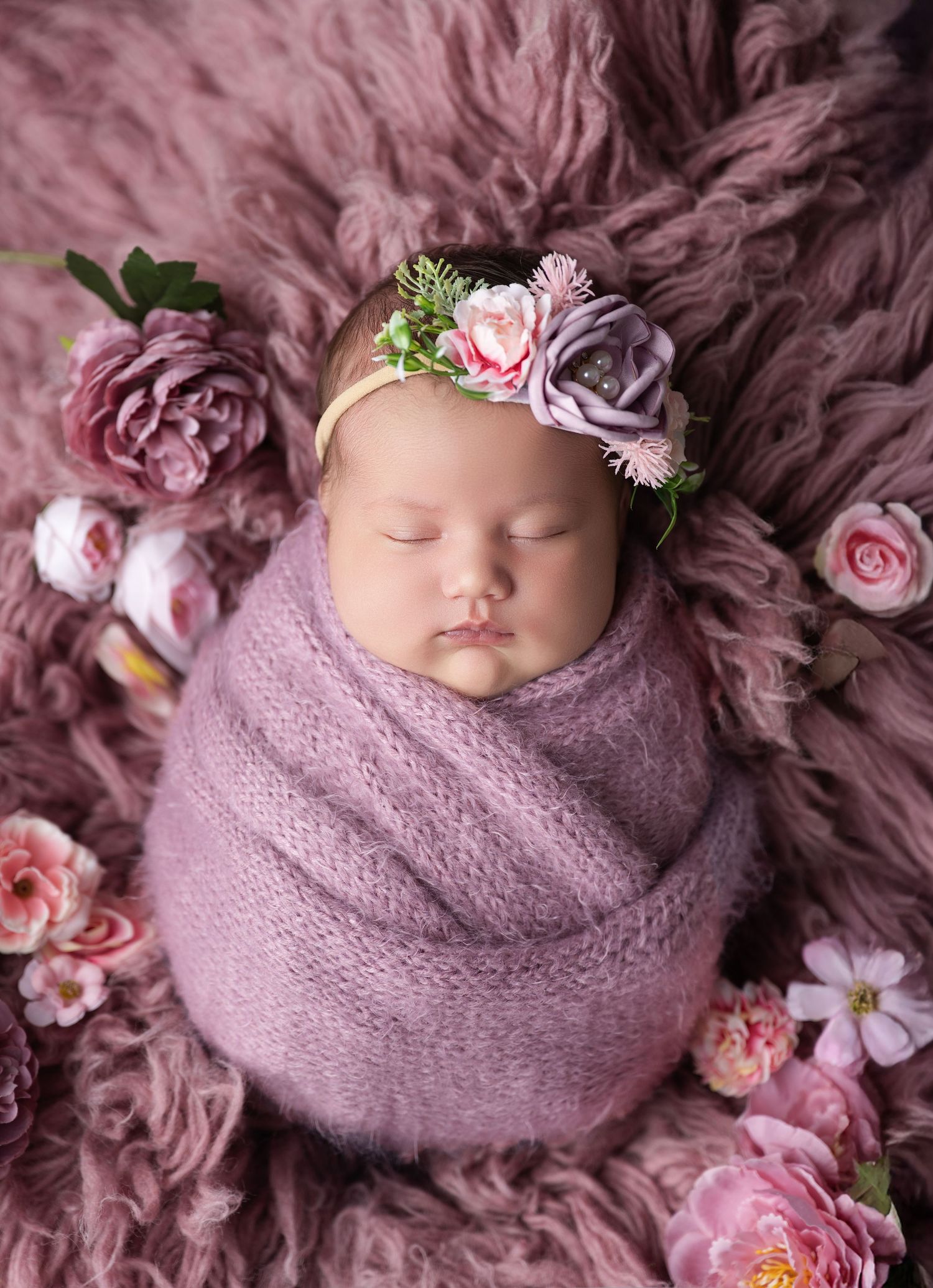 Newborn baby girl swaddled in pink wrap with floral headband, sleeping on mauve fur surrounded by roses.