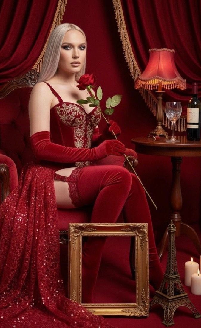 Woman in red velvet corset and gloves holding a rose, seated beside a lamp and Eiffel Tower decor.