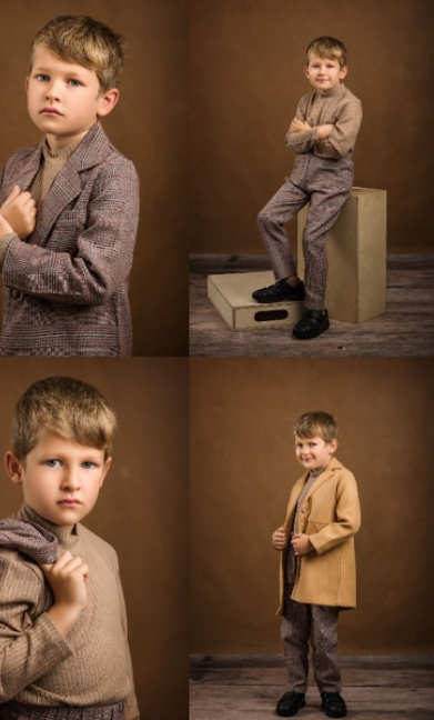 Professional studio portrait collage showing classic children's fashion with wool coats and sweaters in warm brown tones.
