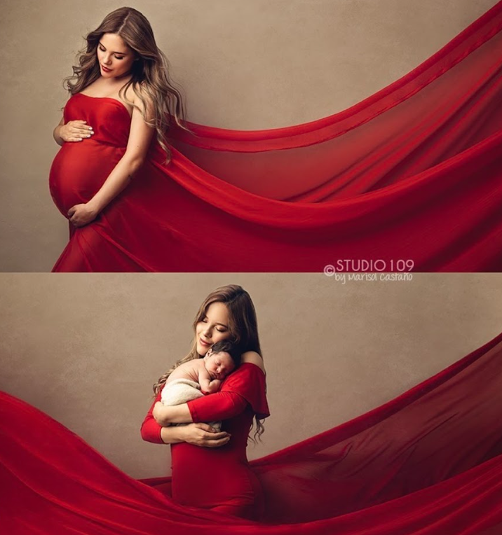 A before and after maternity photo featuring a flowing red dress, showing pregnancy and then holding a newborn baby.