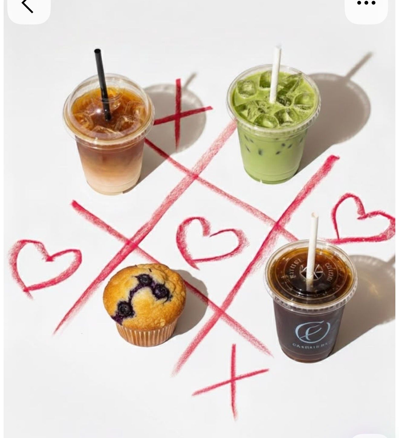 Iced coffee, matcha latte, blueberry muffin, and cold brew arranged in a tic-tac-toe grid with red hearts.