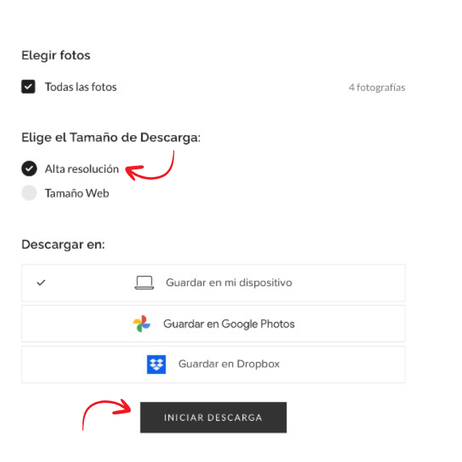 Screenshot of a photo download settings panel in Spanish showing resolution options and download destination choices.