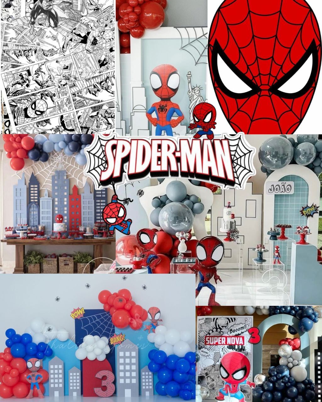 Spider-Man themed birthday party collage with balloon garlands, dessert table, and decorations in red, blue, and white.