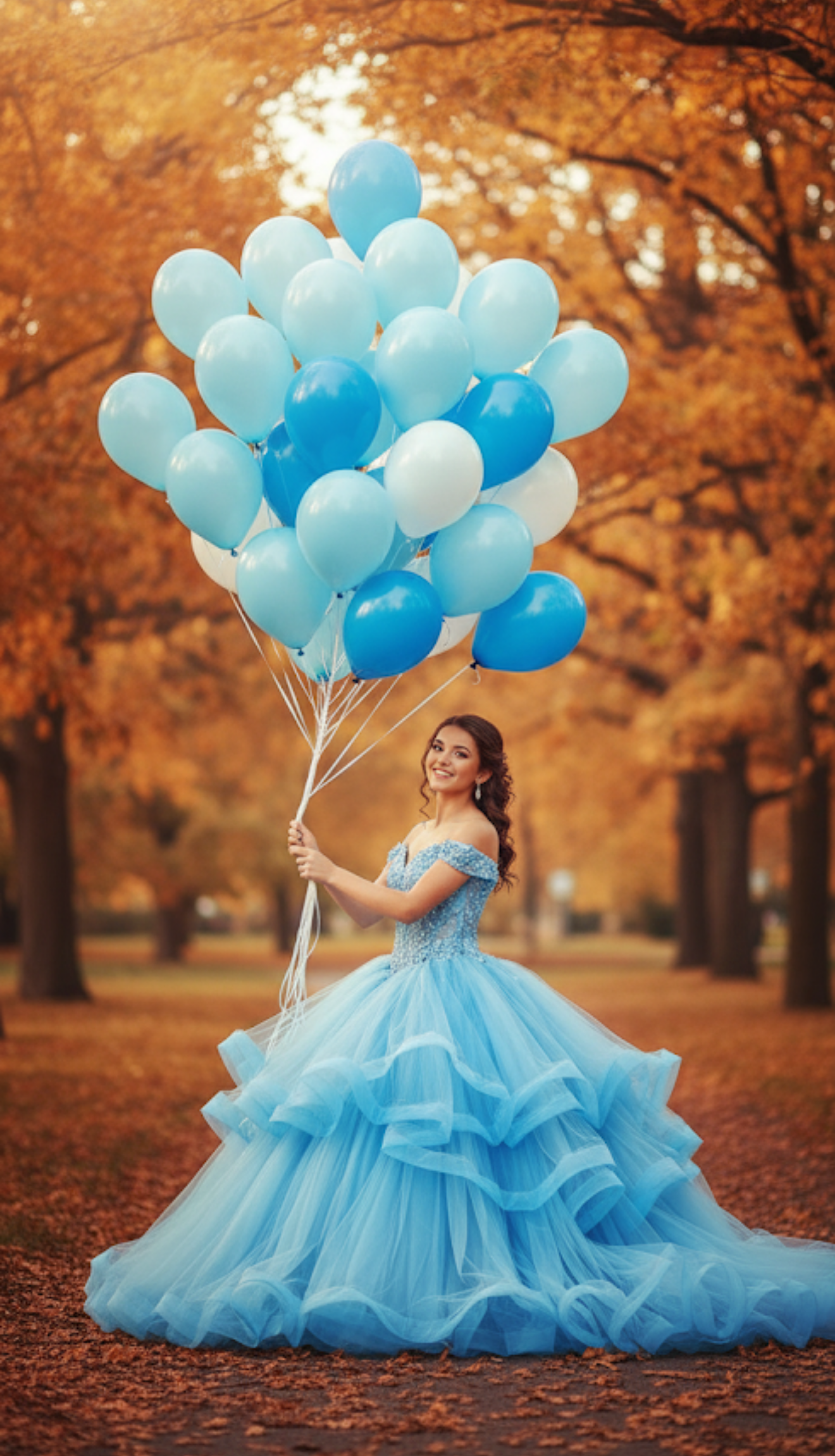 A smiling young woman in a blue ball gown holds blue and white balloons in an autumn park.