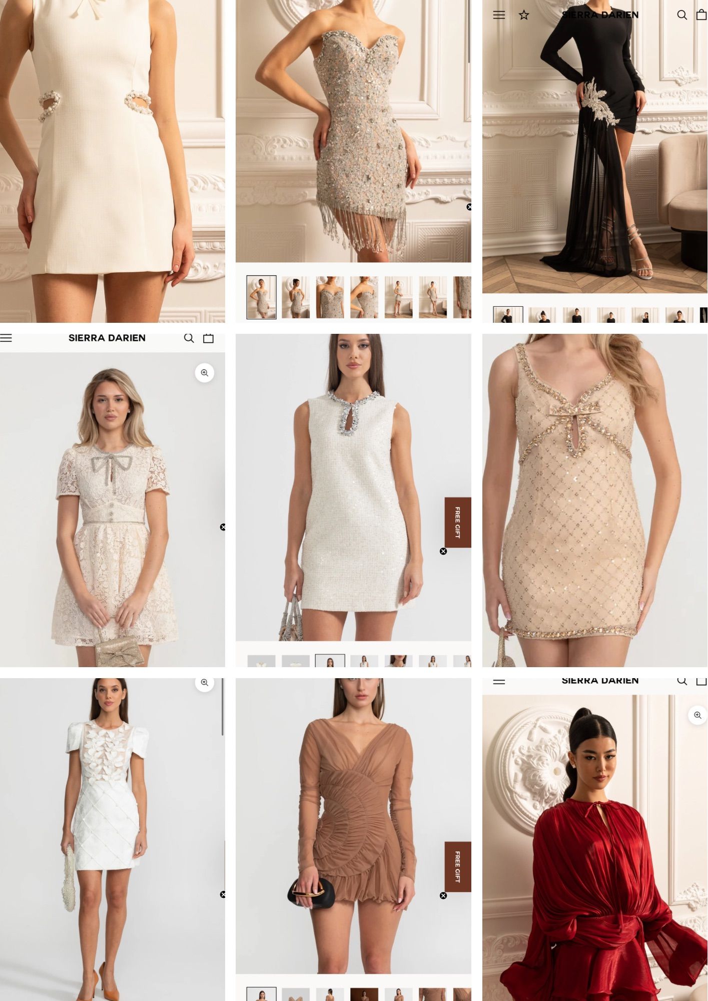 Collection of trendy mini dresses in white, beige and red colors showcasing various styles and textures for women's fashion.