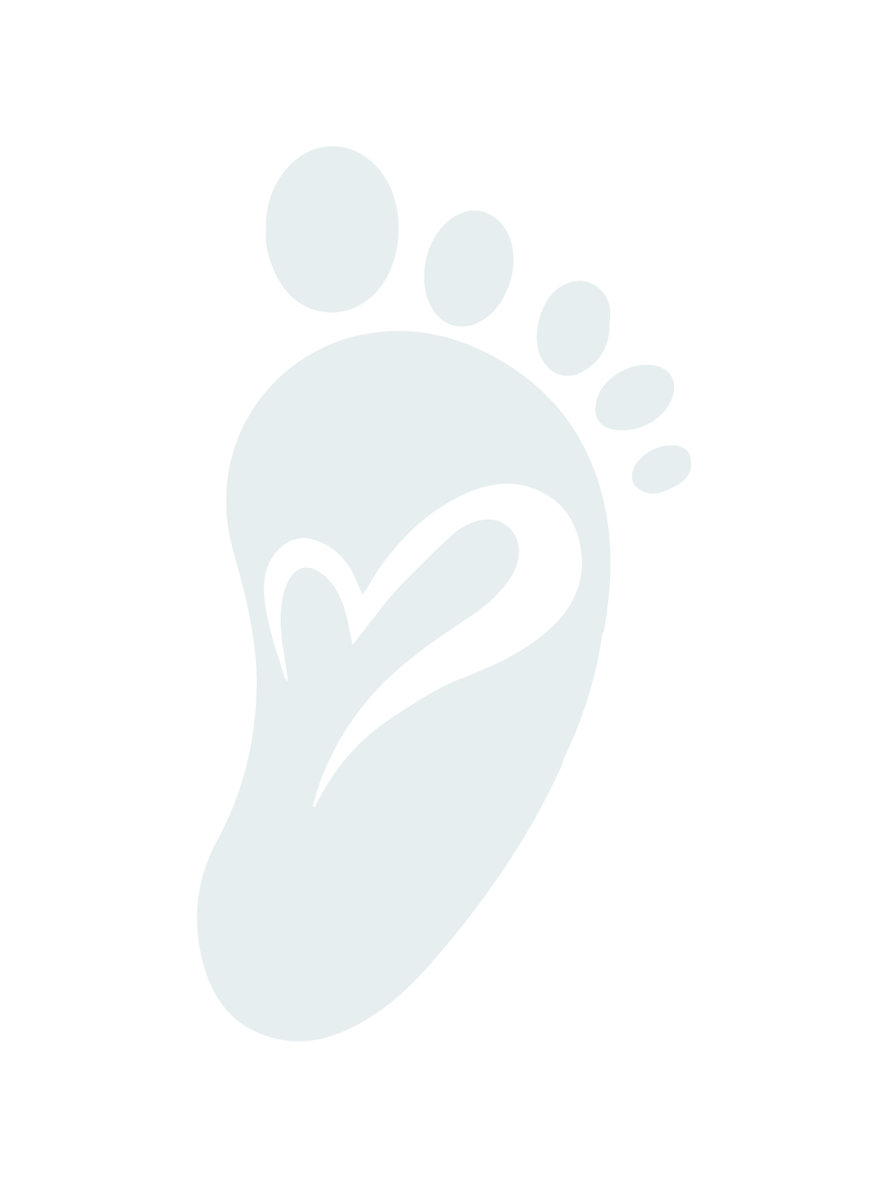 Light blue-gray baby footprint icon with a heart design, symbolizing newborn care and love.