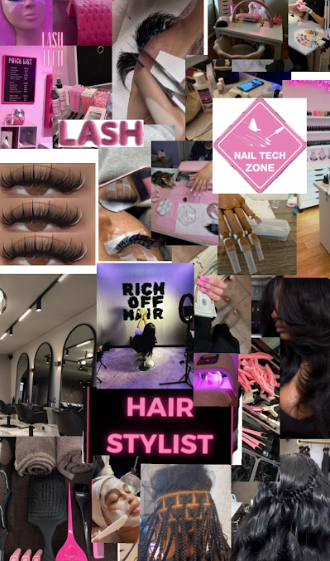 Collage of beauty salon services including hair styling, nail care, and lash extensions in pink and black tones.