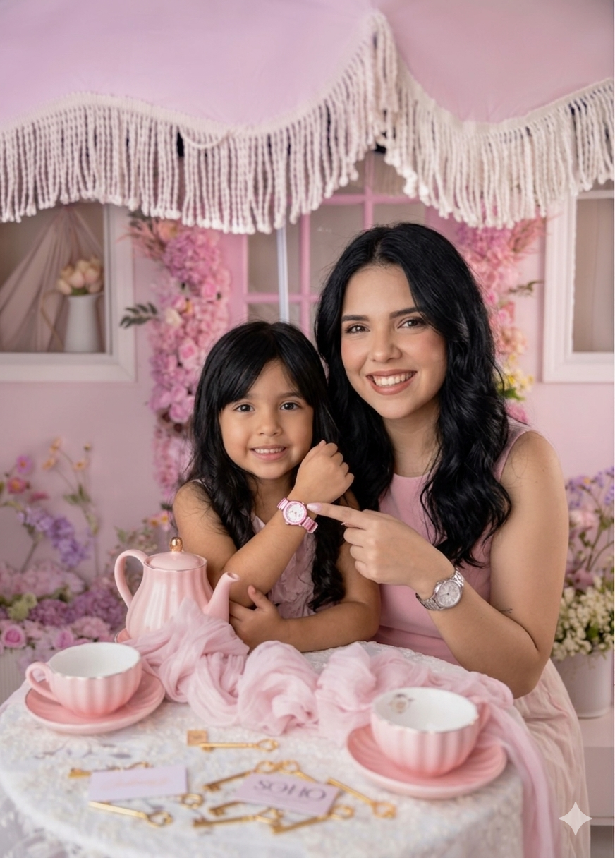 A woman and young girl in pink dresses pose at a tea party table with pink cups and teapot in a floral pink studio.