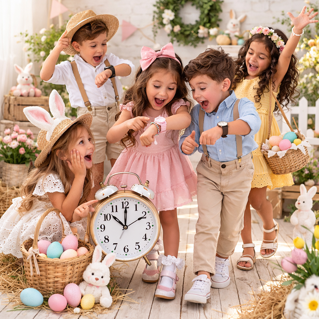 Children having fun at an Easter celebration with baskets, eggs, and decorative spring wreaths in a bright indoor setting.