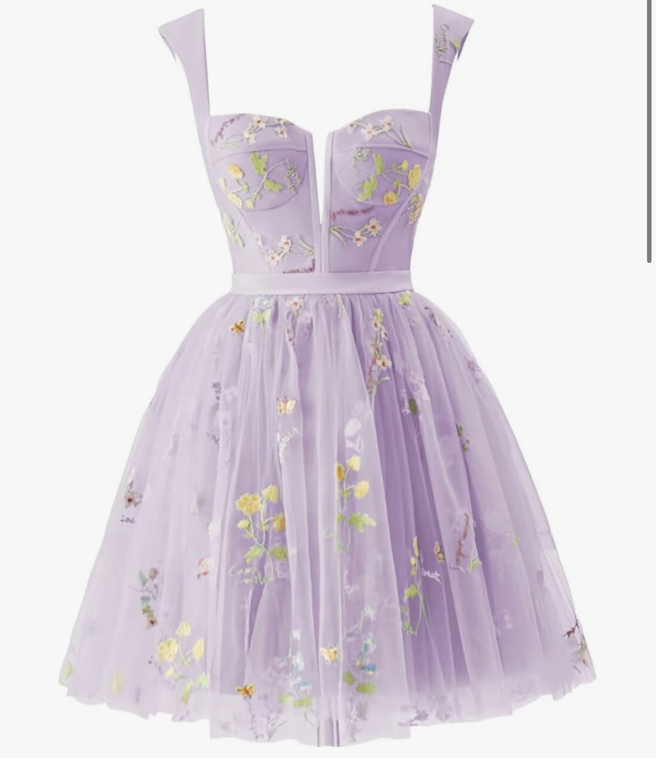 Lavender tulle mini dress with floral embroidery, sweetheart neckline, cap sleeves, and a full A-line skirt.