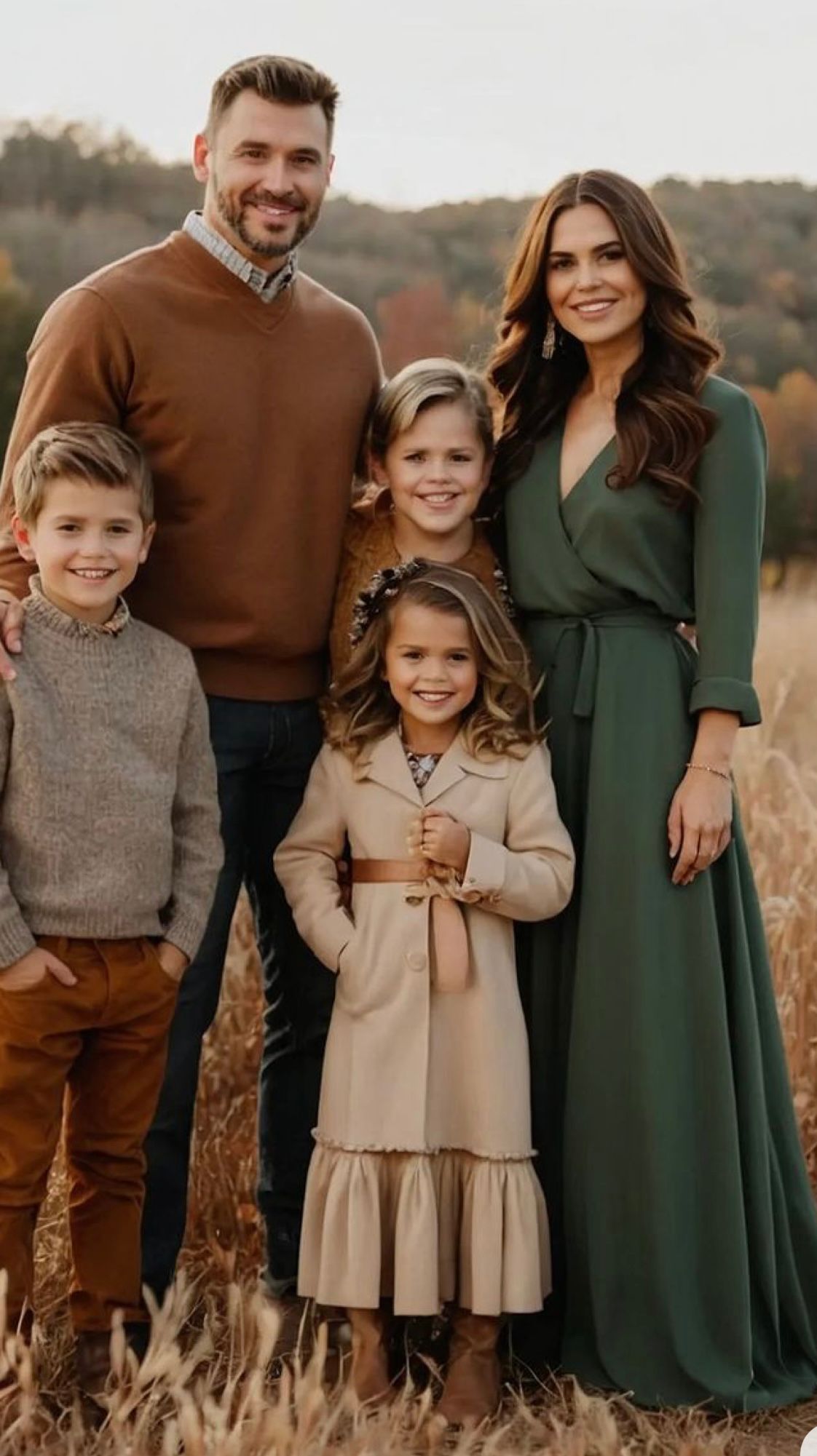 A family of five stands in a golden fall field wearing coordinated autumnal outfits in brown and green tones.
