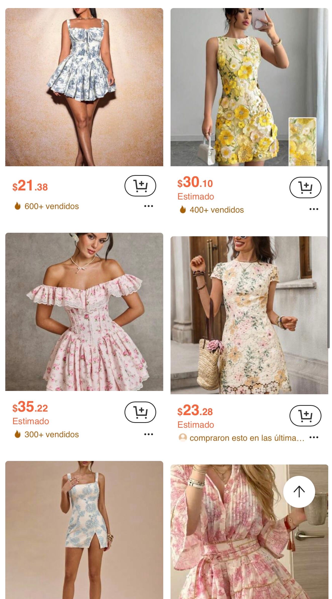 Collection of floral summer dresses in pink, yellow and white with ruffle details and A-line silhouettes displayed in shopping layout.
