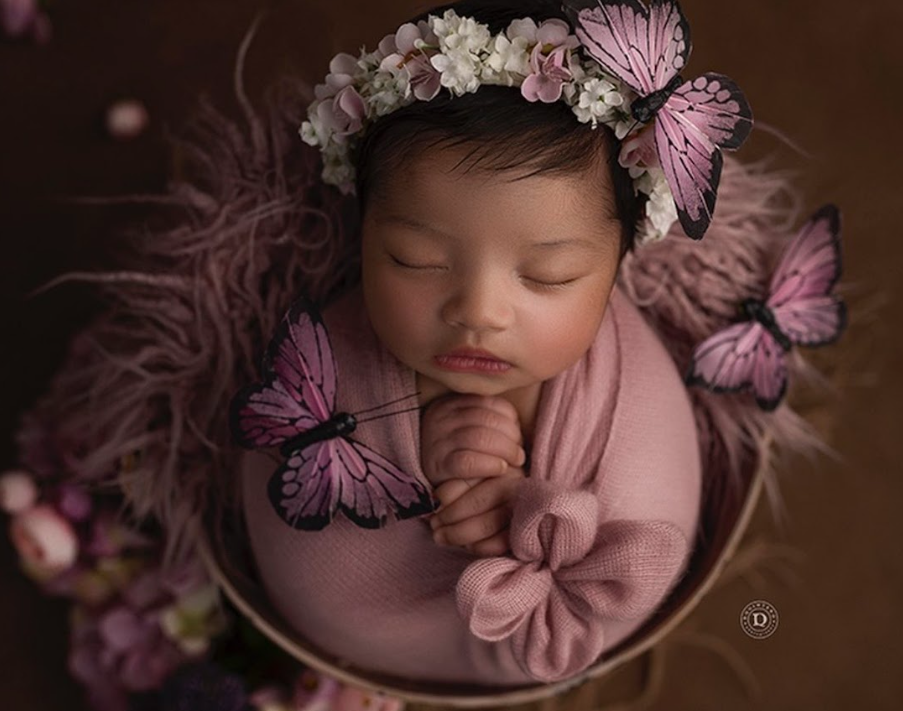 Newborn photography with pink butterflies and floral crown in a wooden bowl against dark background.