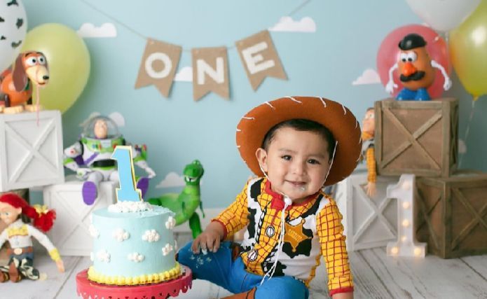A collage of Toy Story themed birthday party decorations and treats with Woody and Buzz Lightyear motifs.