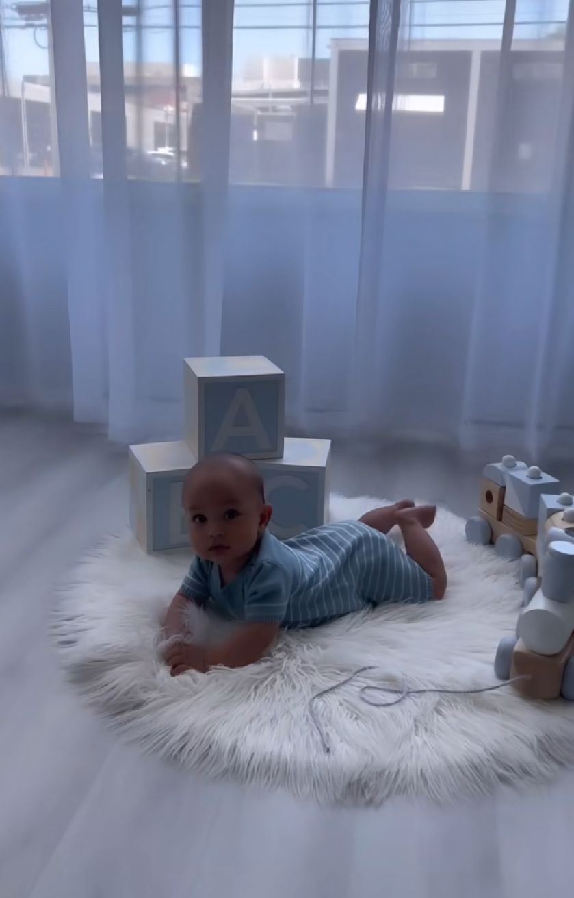 Artistic photo sequence on blue background with white fur rug creating ethereal mood.