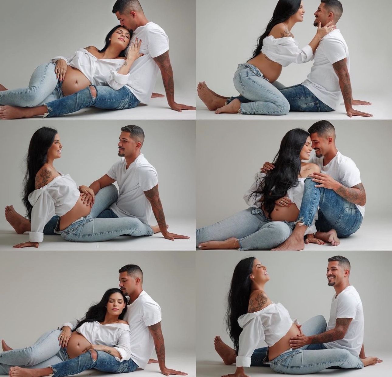 Pregnant couple in white tops and jeans pose together on floor in maternity photo collage shoot.