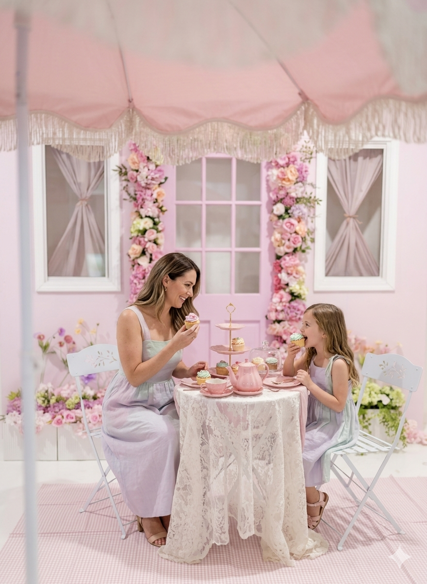 Mother and daughter enjoy a pink floral tea party setting with lace tablecloth and tiered cake stand.