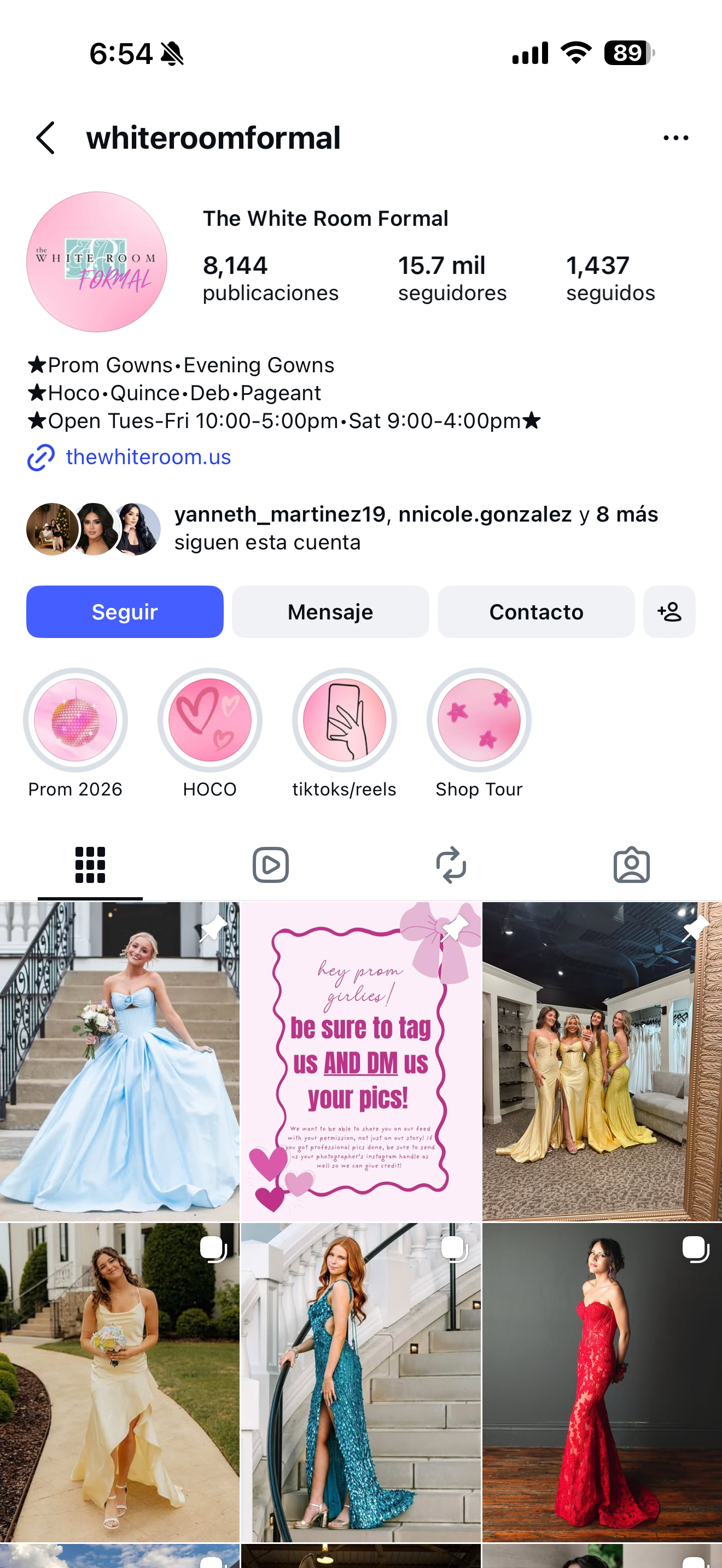 Instagram profile of The White Room Formal, a prom and evening gown boutique with 15.7M followers showcasing elegant dresses.