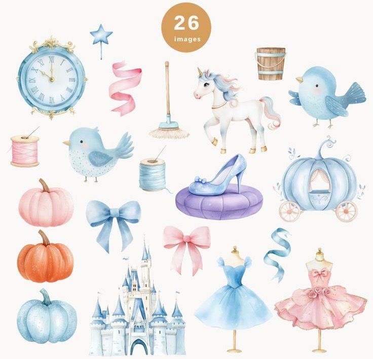 Watercolor Cinderella clipart set with 26 images including castle, pumpkin carriage, glass slipper, blue birds, and princess dresses.
