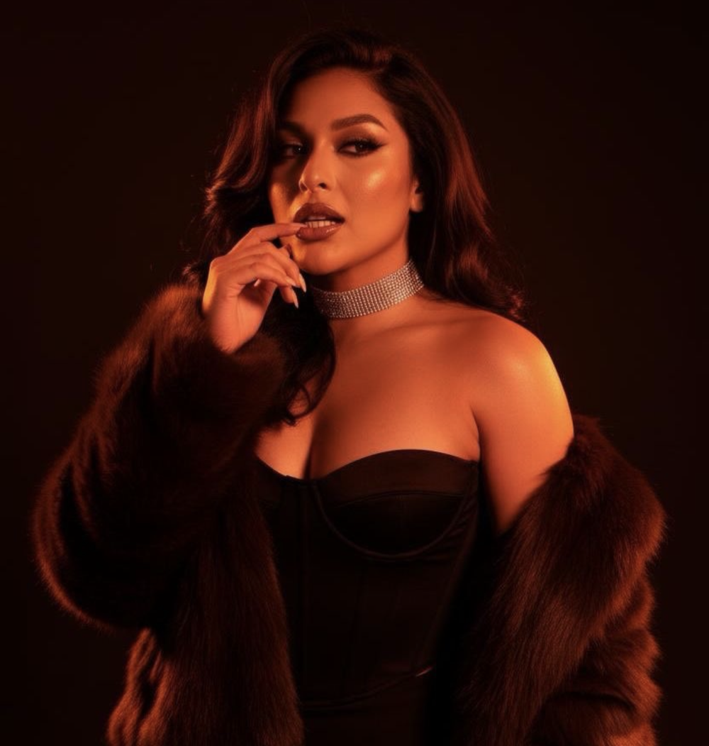 Woman in black strapless dress and fur coat with choker necklace poses glamorously in warm studio lighting.