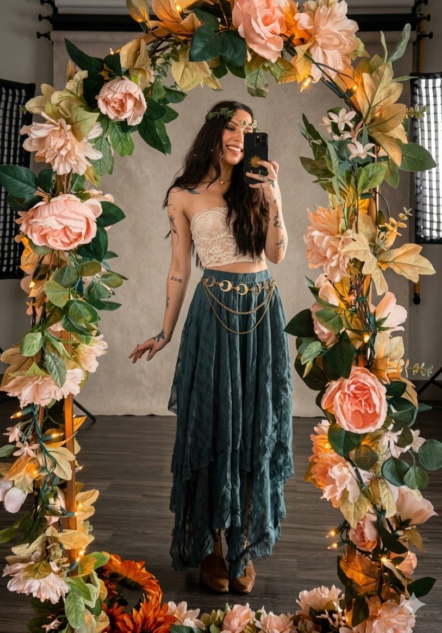 Woman in boho lace top and teal skirt poses in mirror selfie under floral arch with pink roses.