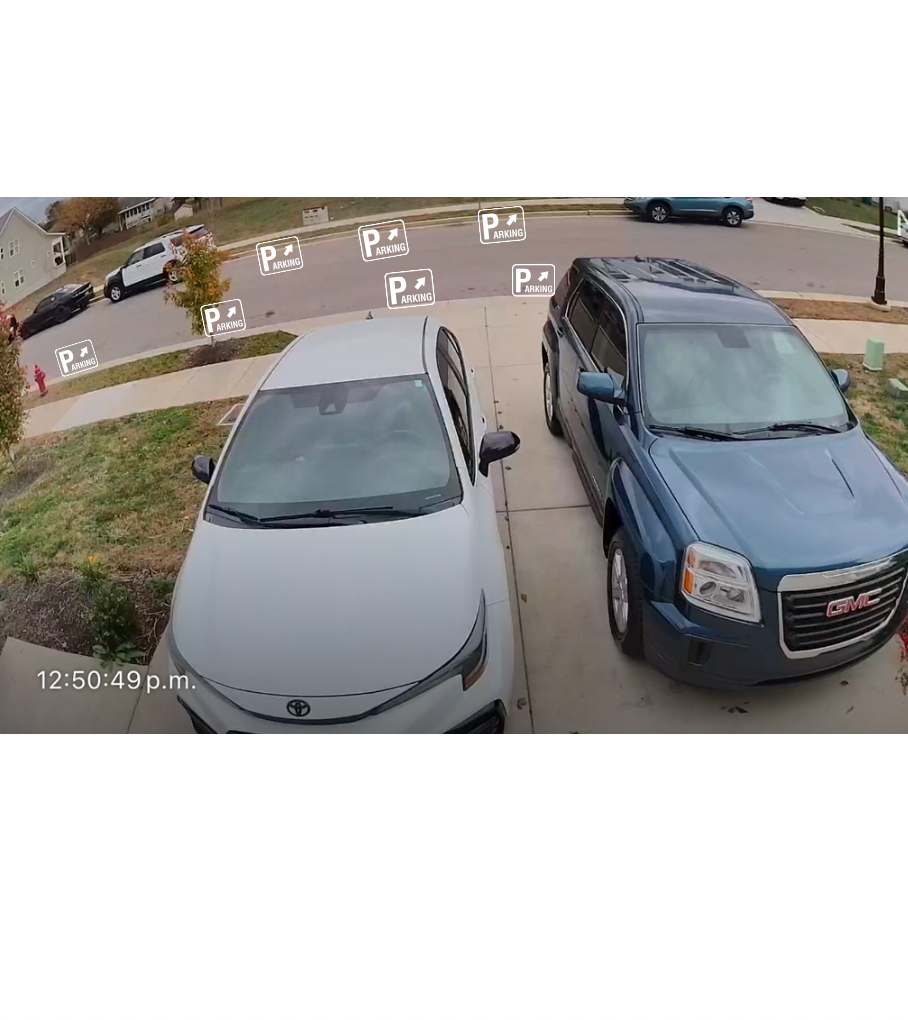 A sequence of surveillance camera footage showing a parked car in a parking lot at different times of day.