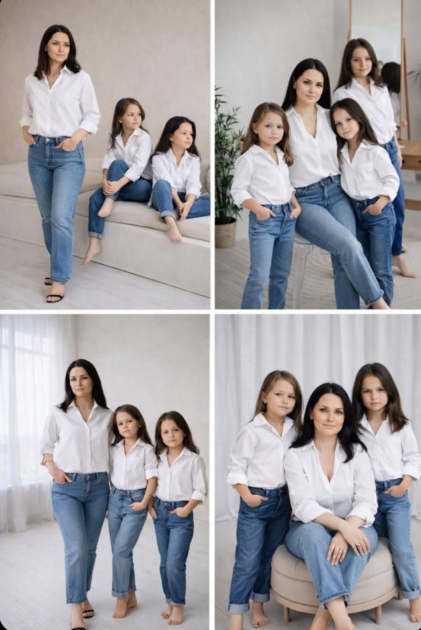 Family wearing matching white shirts and blue jeans pose together in a bright minimalist studio setting.