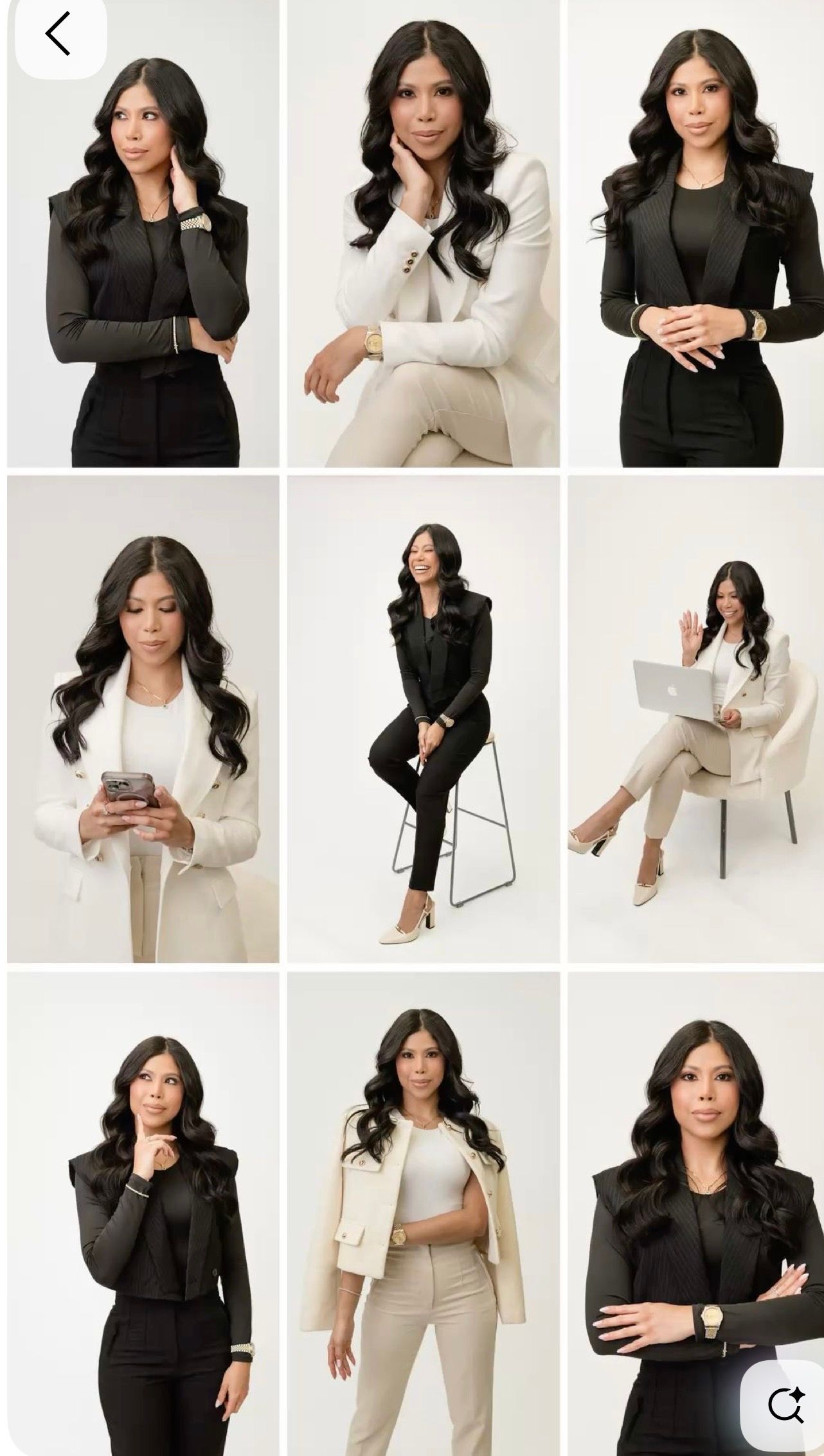 Professional woman in black blazer poses confidently for business headshots in multiple outfits against white background.
