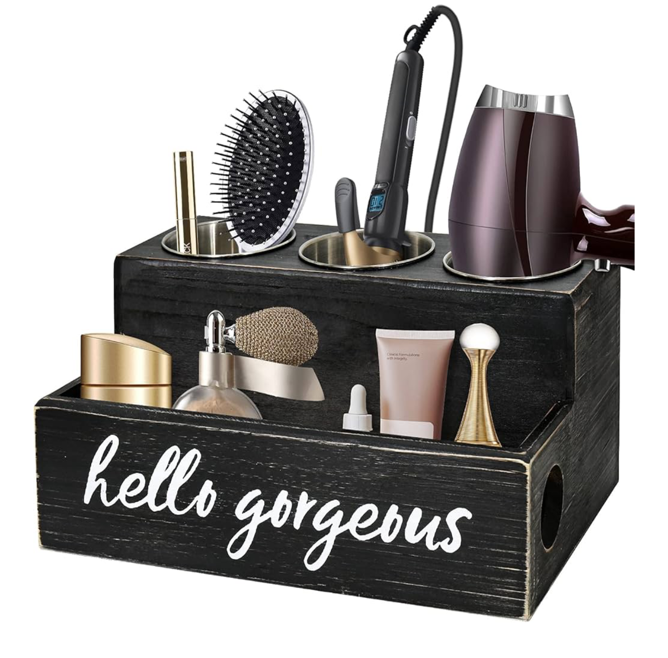 Black rustic wooden hair tool organizer with hello gorgeous script, holding hairdryer, straightener, brush and beauty products.