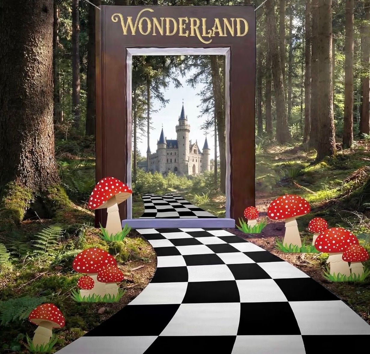 A whimsical Wonderland forest portal with a checkered path, red mushrooms, and a fairy-tale castle backdrop.