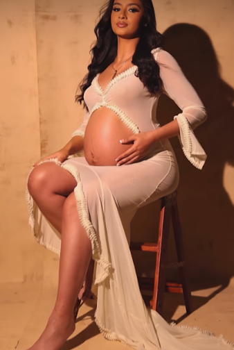 A series of artistic maternity photos showing a person in a flowing white dress against a warm-toned backdrop.